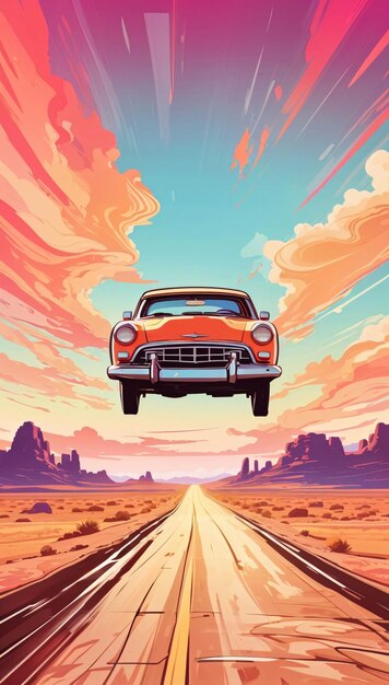 Voiture rétro accélérant sur une route poussiéreuse dans le désert vers l'horizon Illustration