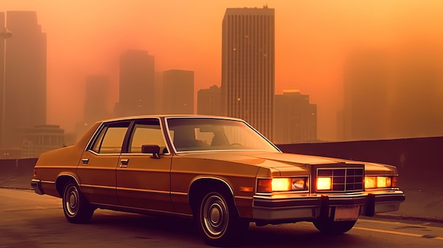 Photo une voiture rétro chère dans le style des années 70 dans la rue urbaine avec un ciel orange