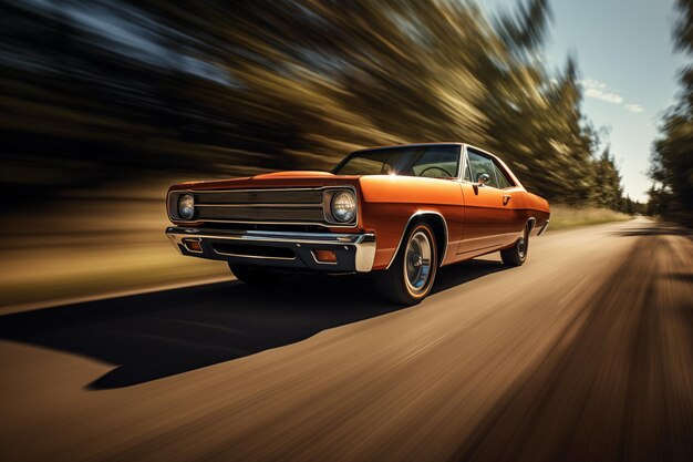 Une voiture rétro classique conduisant sur une autoroute sur une scène naturelle tranquille AI générative