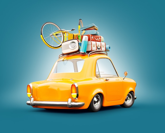 Voiture rétro drôle avec bagages, valises et vélo sur le dessus.
