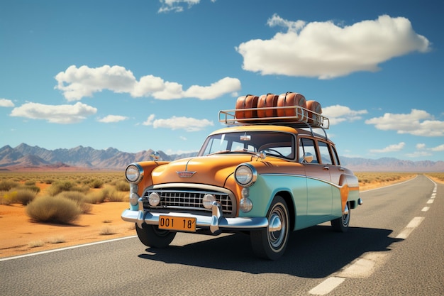 Voiture rétro emballée et prête ornée de bagages symbolisant un voyage passionnant sur la route