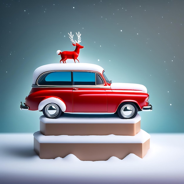 Voiture rétro jouet rouge livrant des cerfs de Noël sur le toit sur fond argenté enneigé