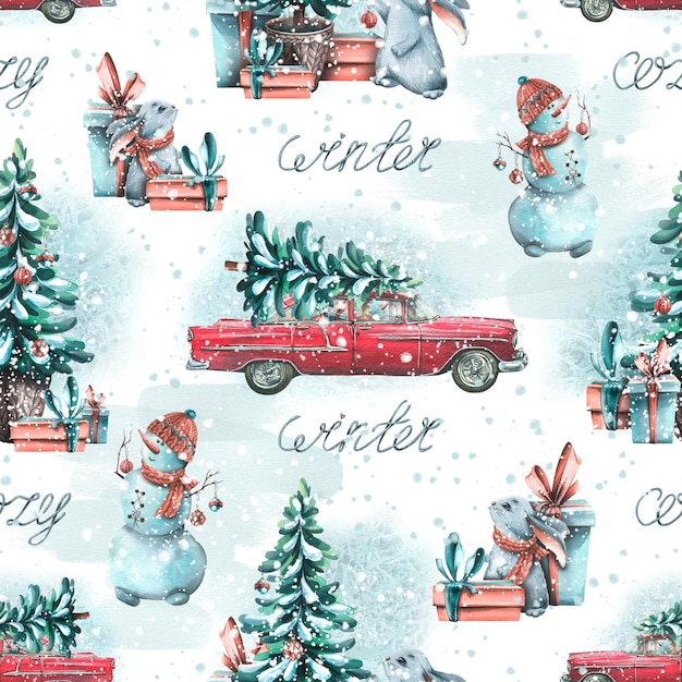 Une voiture rétro rouge avec un arbre de Noël sur le toit avec des bonhommes de neige lièvres et des cadeaux Illustration aquarelle Modèle sans couture sur fond blanc d'un ensemble d'HIVER CONFORTABLE pour le Nouvel An et Noël