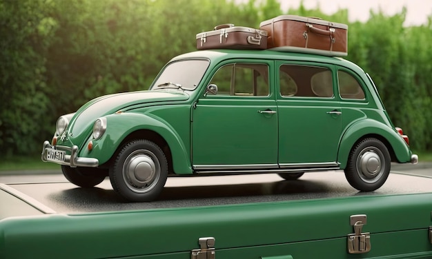 Photo voiture rétro verte avec valises concept de vacances vacances d'été