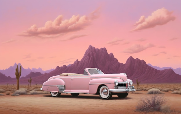 Une voiture rose classique dans le désert.