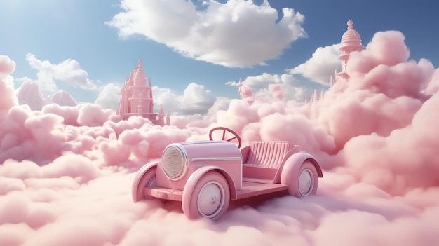 une voiture rose dans les nuages