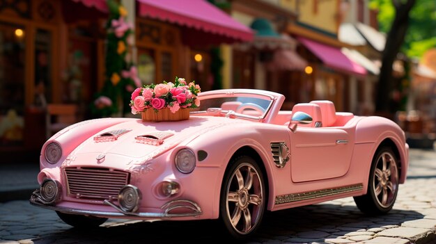 voiture rose décorée de fleurs dans une rue