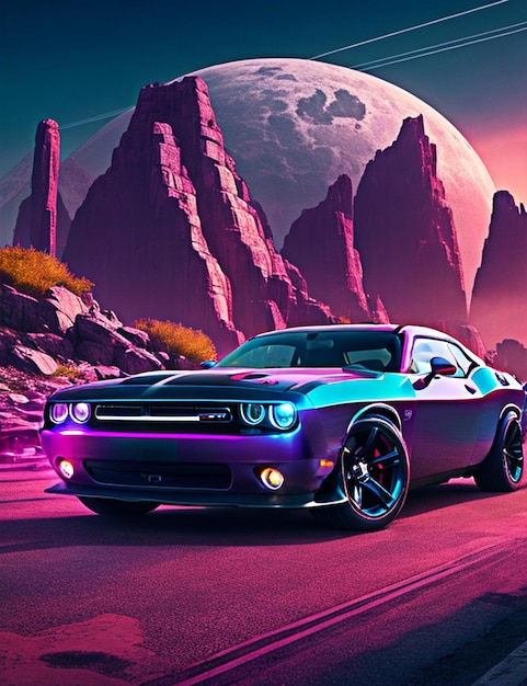 une voiture rose dodge challenger dans un paysage cyber punk