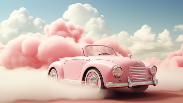 une voiture rose avec un nuage de fumée