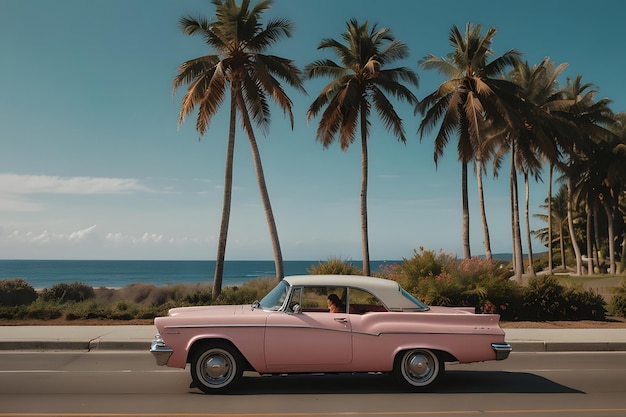 Une voiture rose roulant dans une rue bordée de palmiers par une journée ensoleillée