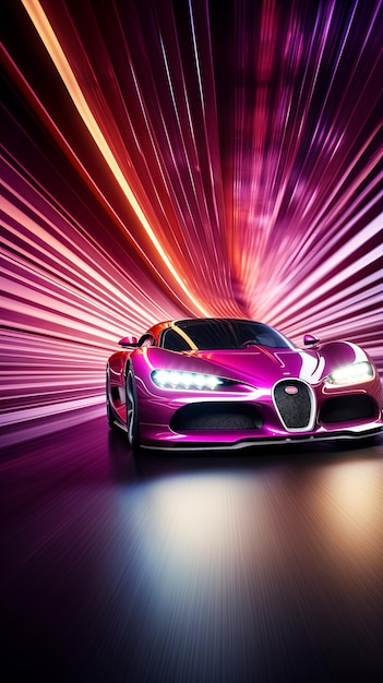 Une voiture rose vif descend dans un tunnel.