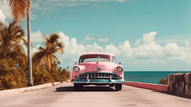 Une voiture rose vintage sur la route dans la route du bord de mer avec vue sur les palmiers