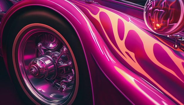 Une voiture rose et violette avec le mot hot wheels sur le côté.