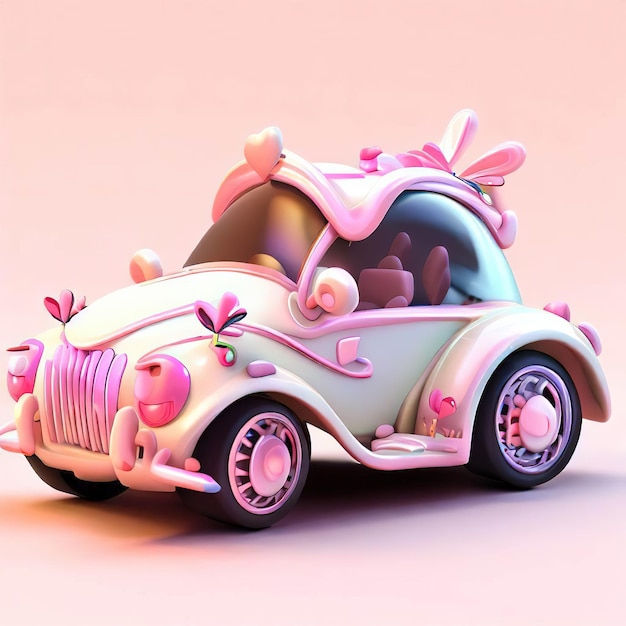 Une voiture rose avec une voiture rose avec un haut rose et un nœud rose.