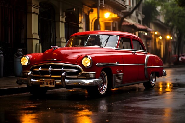 Voiture rouge américaine vintage dans la ville