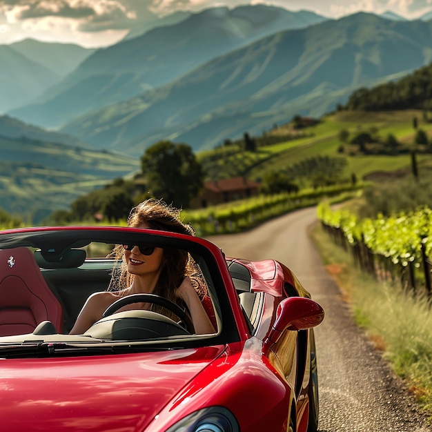 une voiture rouge et une belle dame conduisant sur la route de l'Italie