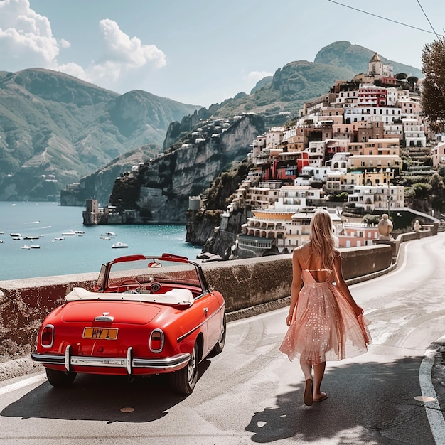 une voiture rouge et une belle dame conduisant sur la route de l'Italie