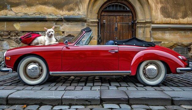 Photo une voiture rouge avec un chien sur le siège arrière et un chien sur le siège arrière