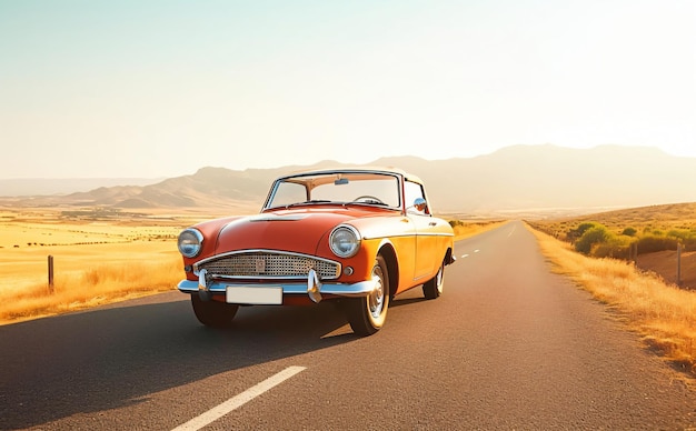 Voiture rouge classique vintage sur la route