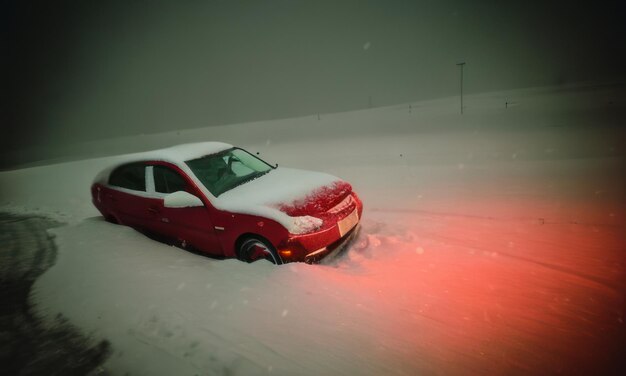 voiture rouge coincée dans la neige