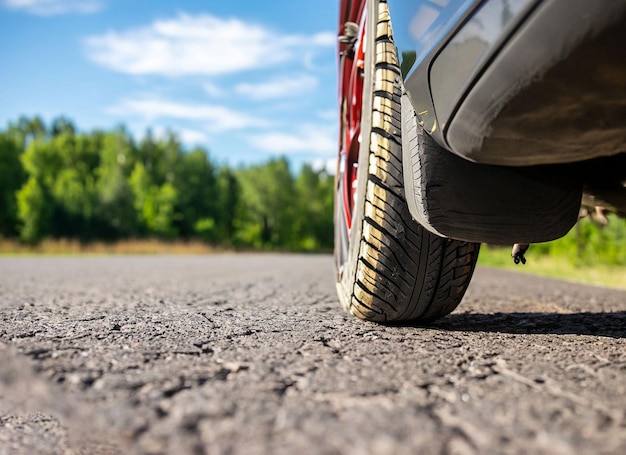 Une voiture rouge est garée sur le bord de la route.