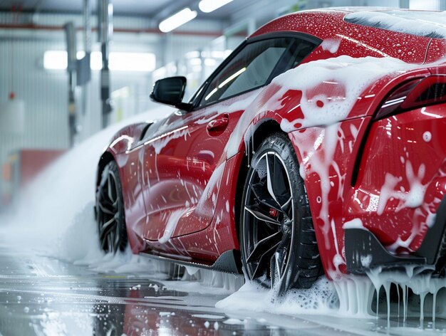 une voiture rouge est pulvérisée avec de l'eau dans une usine