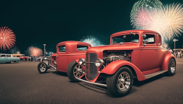 Une voiture rouge garée dans un parking avec feux d'artifice