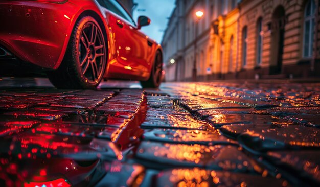 Une voiture rouge garée sur une rue mouillée.