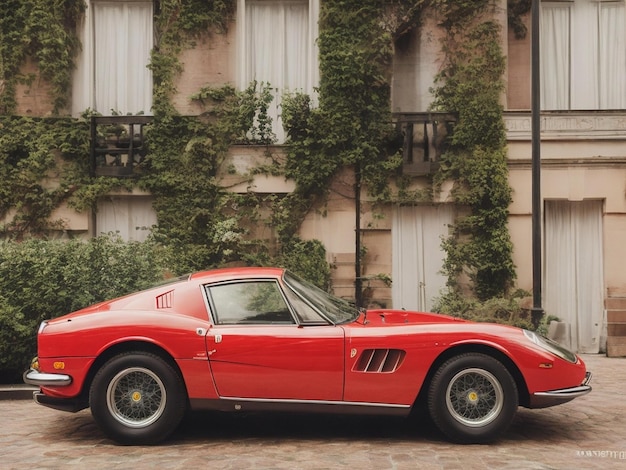 Photo une voiture rouge avec la porte ouverte est garée devant une maison.