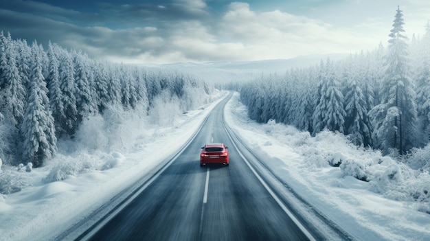 Une voiture rouge roulant sur une route sinueuse à travers une forêt enneigée en bleu.