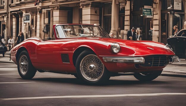 Une voiture rouge roule dans la rue avec un panneau qui dit: