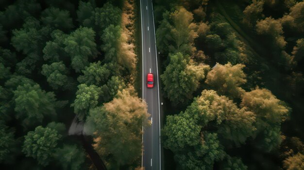 Une voiture rouge roule sur une route à travers une forêt.