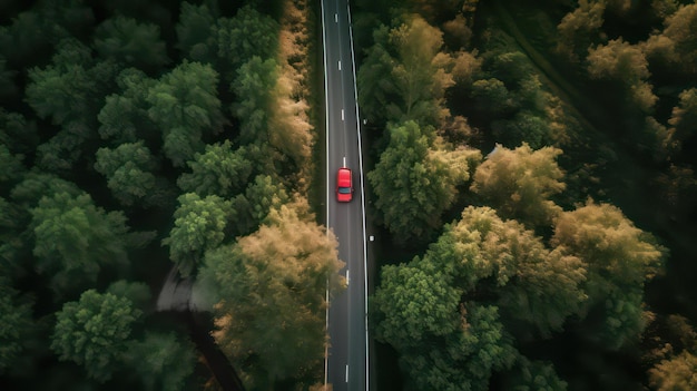 Une voiture rouge roule sur une route à travers une forêt.