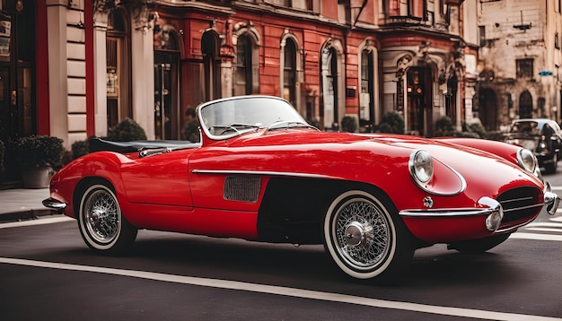 Photo une voiture rouge avec un toit noir descend une rue