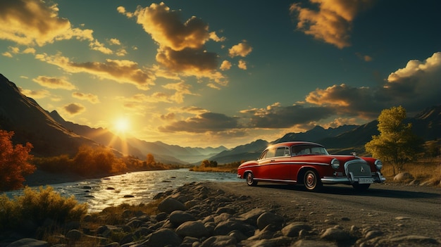 Une voiture rouge traversant la rivière avec le soleil dans le ciel