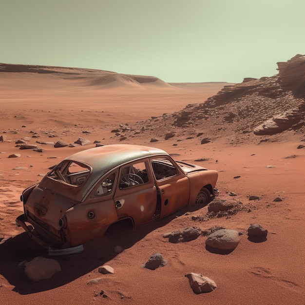 Une voiture rouillée dans le désert