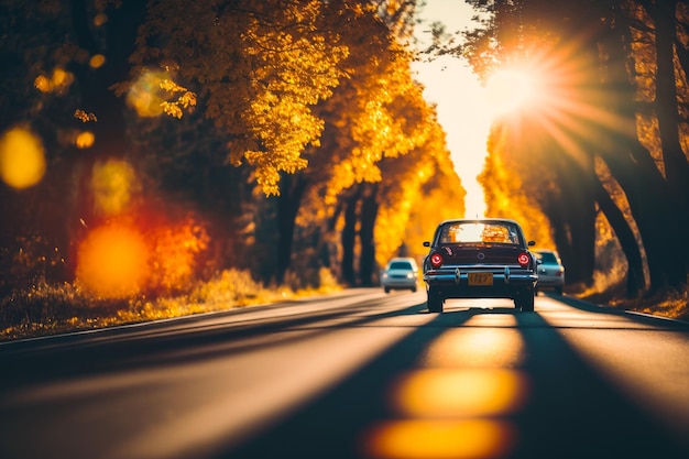 Voiture roulant sur une route avec des arbres en arrière-plan AI générative