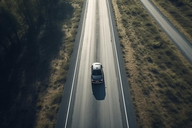 Une voiture roulant sur une route avec une ombre du soleil sur le dessus