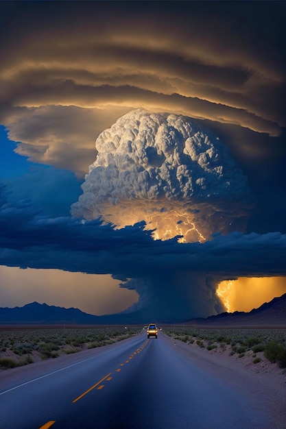 Voiture roulant sur une route sous un grand nuage ai génératif