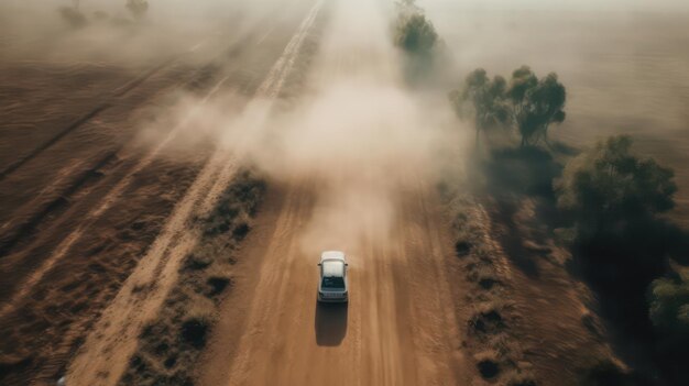 Une voiture roule sur un chemin de terre le matin