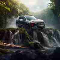 Photo une voiture roule sur une chute d'eau dans la jungle