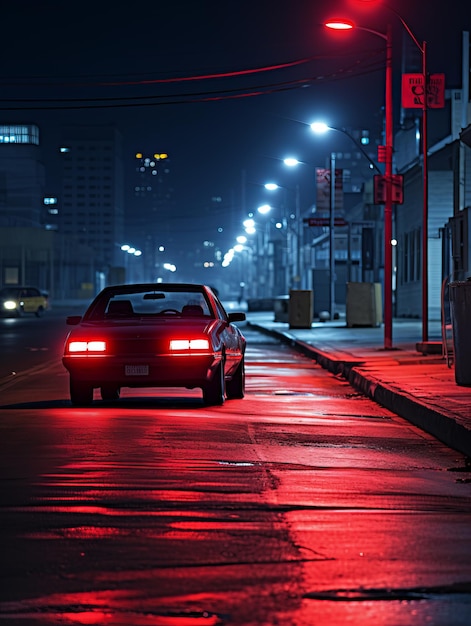 une voiture roule dans une rue la nuit