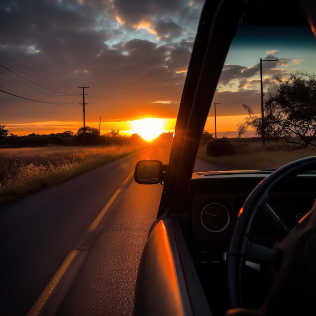 Une voiture roule sur la route avec le soleil couchant derrière elle.