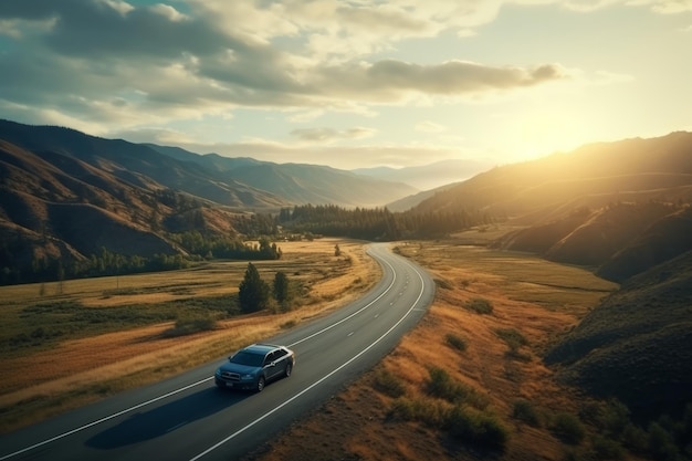 Photo la voiture roule à travers la forêt sur le fond des montagnes vue de dessus travel concept générative ai