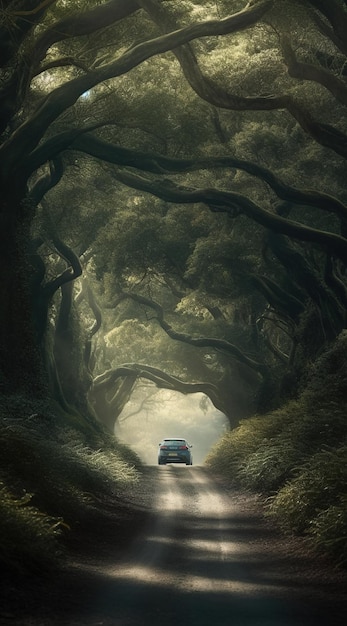 Une voiture roule à travers une forêt avec les mots « le mot » à l'arrière.