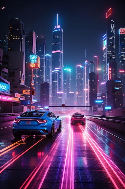Voiture sur la route avec une bande lumineuse au néon avec une ville virtuelle