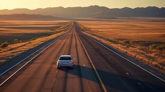 Une voiture sur une route déserte au coucher du soleil.