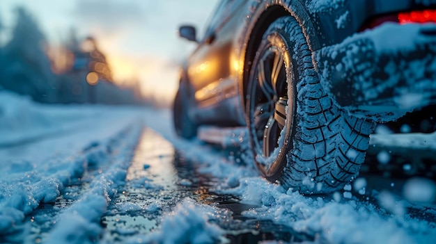 Voiture sur la route d'hiver couverte de neige au coucher du soleil Closeup