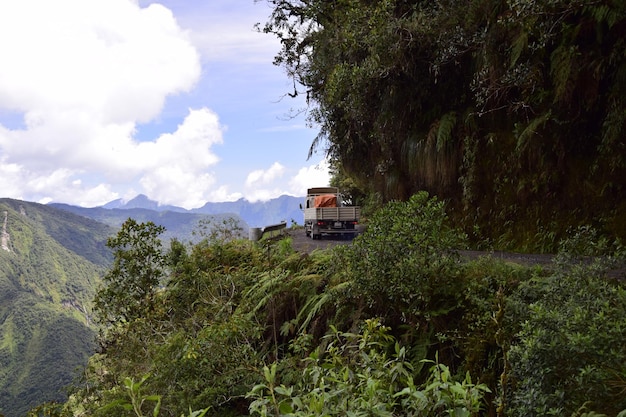 La voiture sur la route de la mort Yungas North Road entre La Paz et Coroico Bolivie