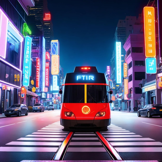 Voiture de science-fiction futuriste dans la nuit de la ville avec art génératif au néon par AI